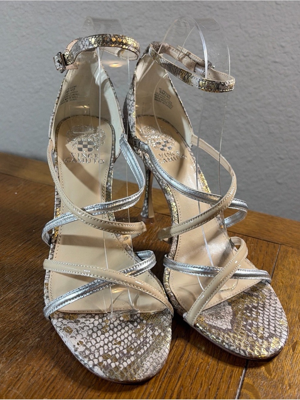 Vince Camuto Metallic Snake-Print Strappy Heels in Gold and Silver